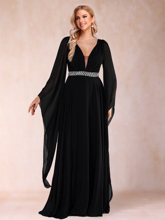 A-Line/Princess Deep V-Neck Long Sleeves Mother of the Bride Dresses with Rhinestone