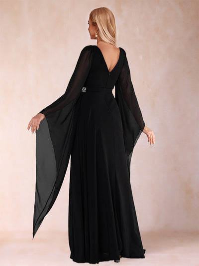 A-Line/Princess Deep V-Neck Long Sleeves Mother of the Bride Dresses with Rhinestone