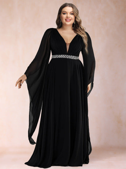 A-Line/Princess Deep V-Neck Long Sleeves Plus Size Mother of the Bride Dresses with Rhinestone