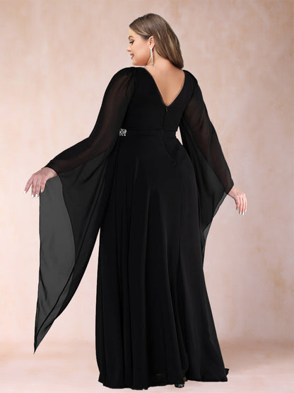 A-Line/Princess Deep V-Neck Long Sleeves Plus Size Mother of the Bride Dresses with Rhinestone