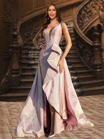 A-Line/Princess Deep V-Neck Sleeveless Ruffles Evening Dresses with Side Slit