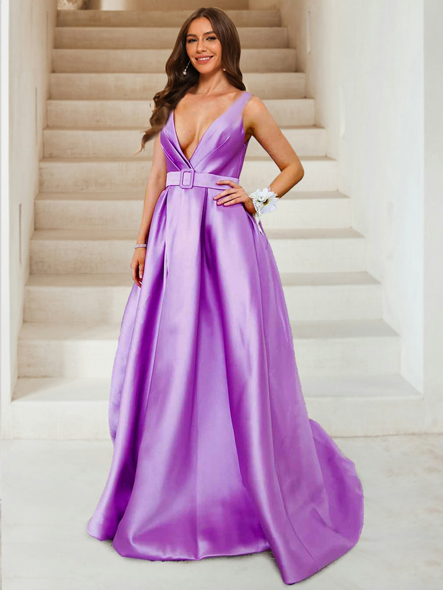 A-Line/Princess Deep V-Neck Ruched Evening Dresses with Belt & Pockets