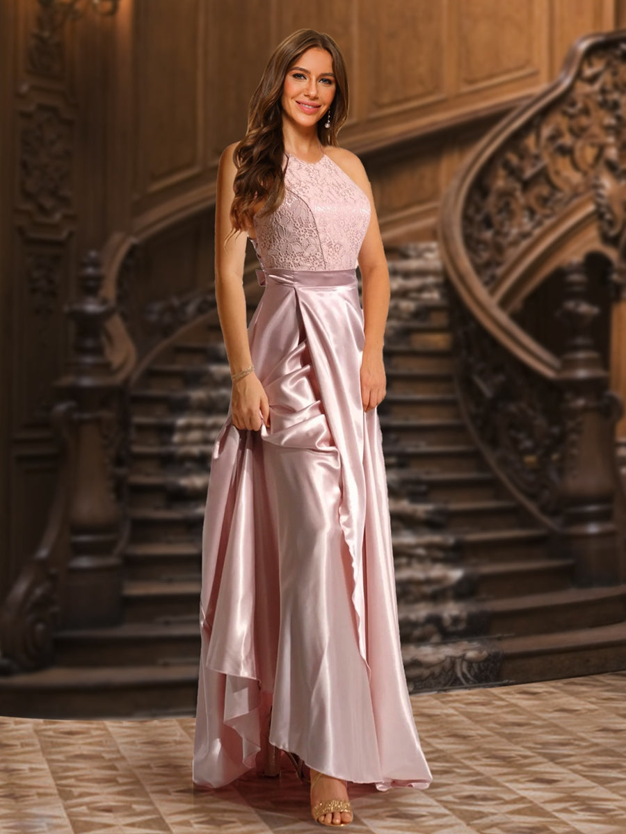 A-Line/Princess Halter Lace Top Satin Evening Dresses with Belt