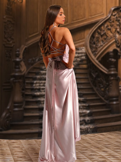 A-Line/Princess Halter Lace Top Satin Evening Dresses with Belt