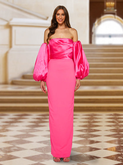 Sheath/Column Strapless Ruched Satin Evening Dresses with Puff Sleeves