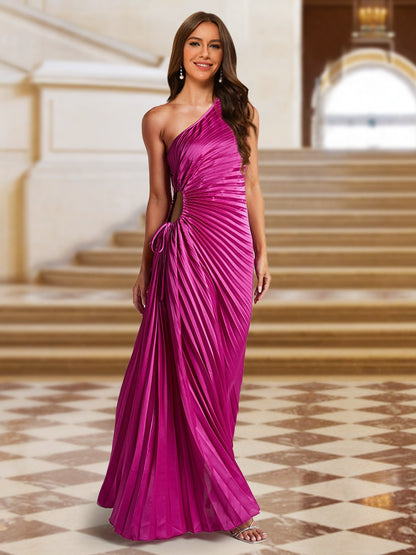 A-Line/Princess One-Shoulder Side Cutout Satin Pleated Evening Dresses