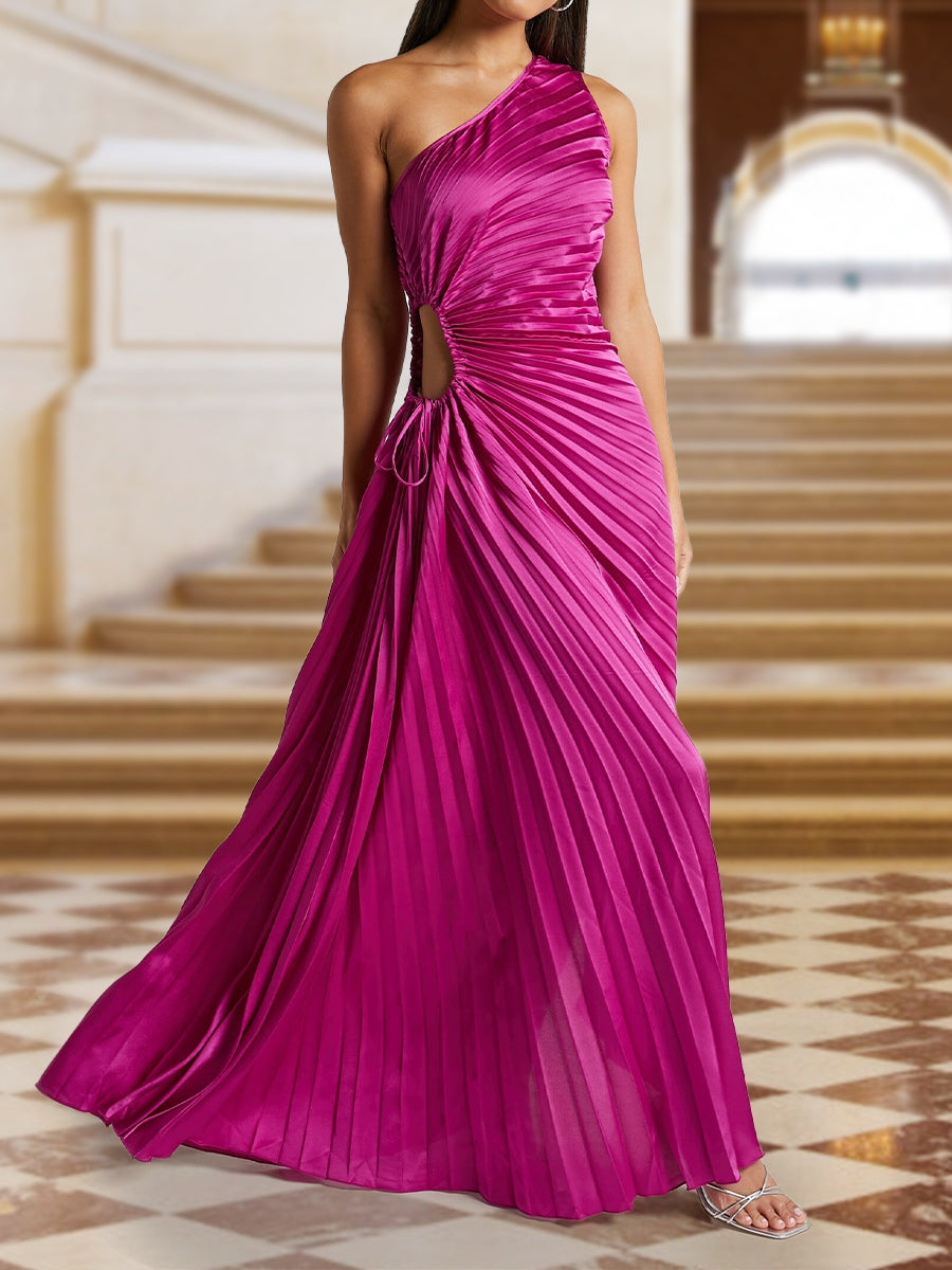 A-Line/Princess One-Shoulder Side Cutout Satin Pleated Evening Dresses