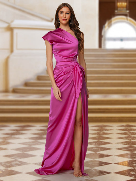 Sheath/Column One-Shoulder Silk Satin Ruched Evening Dresses with Split Side