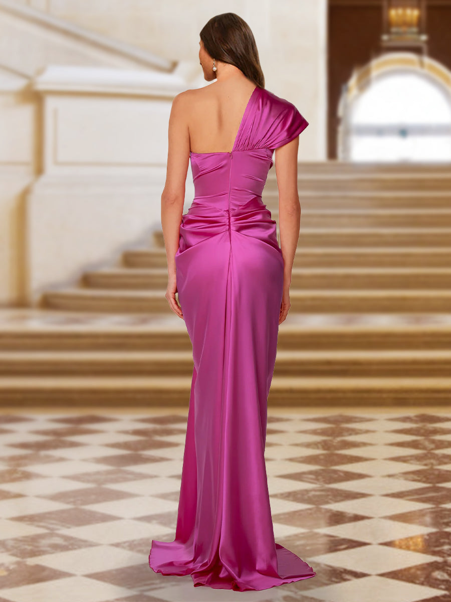 Sheath/Column One-Shoulder Silk Satin Ruched Evening Dresses with Split Side