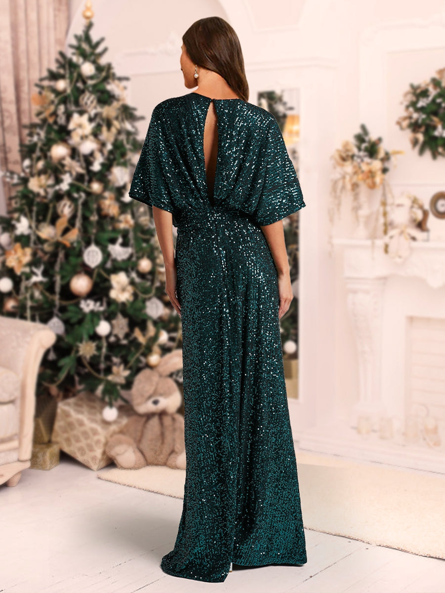 A-Line/Princess Plunging Neck Short Sleeves Sequin Christmas Dresses with Split Side