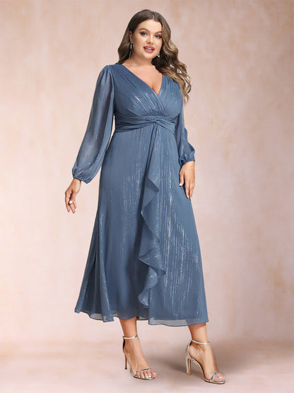 A-Line/Princess Crossover V-Neck Long Sleeves Ruffled Plus Size Evening Dresses