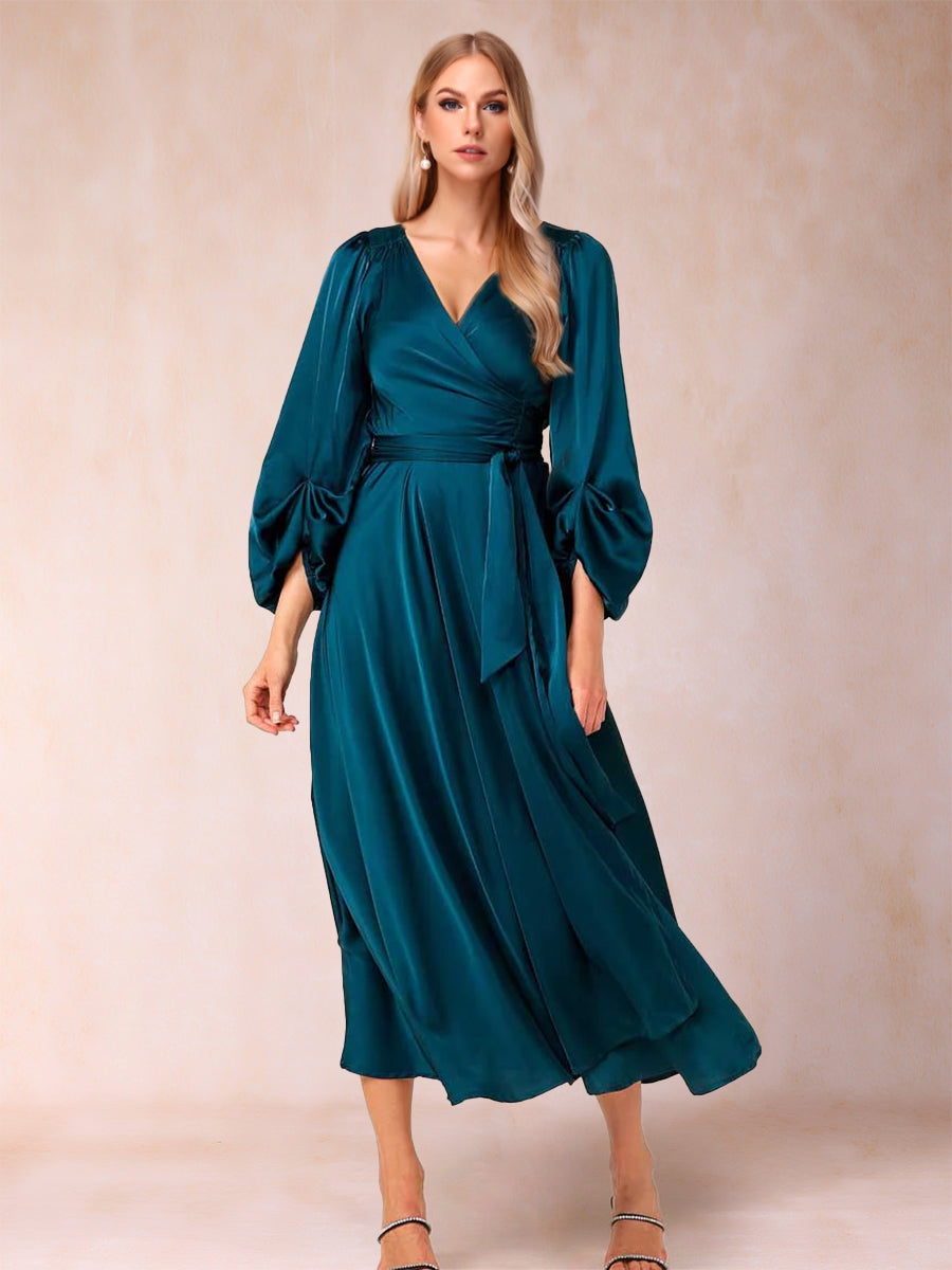 A-Line/Princess V-Neck 3/4 Sleeves Wrap Evening Dresses with Belt