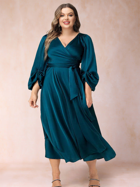 A-Line/Princess V-Neck 3/4 Sleeves Wrap Plus Size Evening Dresses with Belt