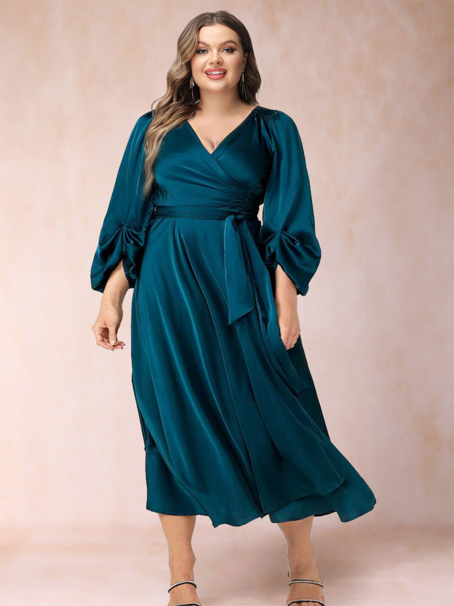 A-Line/Princess V-Neck 3/4 Sleeves Wrap Plus Size Evening Dresses with Belt