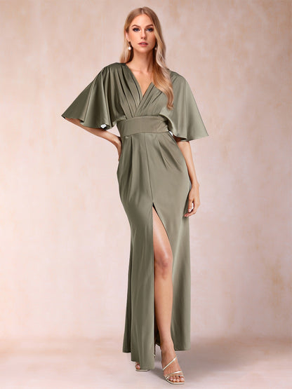 Sheath/Column V-Neck Short Sleeves Silk Satin Evening Dresses with Split Side