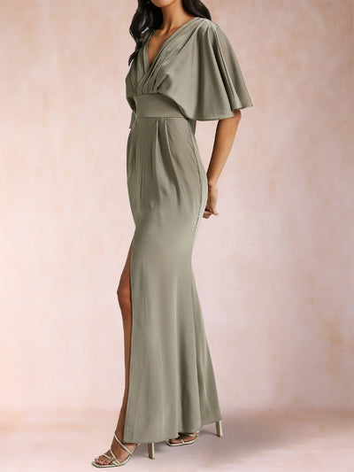 Sheath/Column V-Neck Short Sleeves Silk Satin Evening Dresses with Split Side