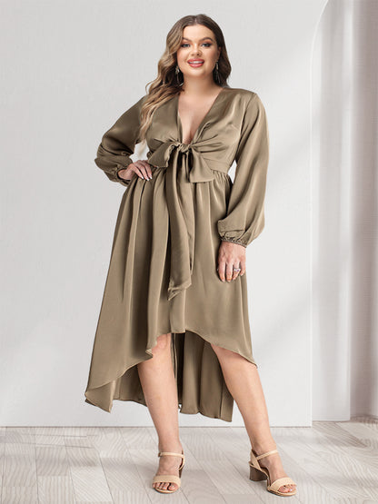 A-Line/Princess Plunging V-Neck Long Sleeves Wrap Plus Size Bridesmaid Dresses