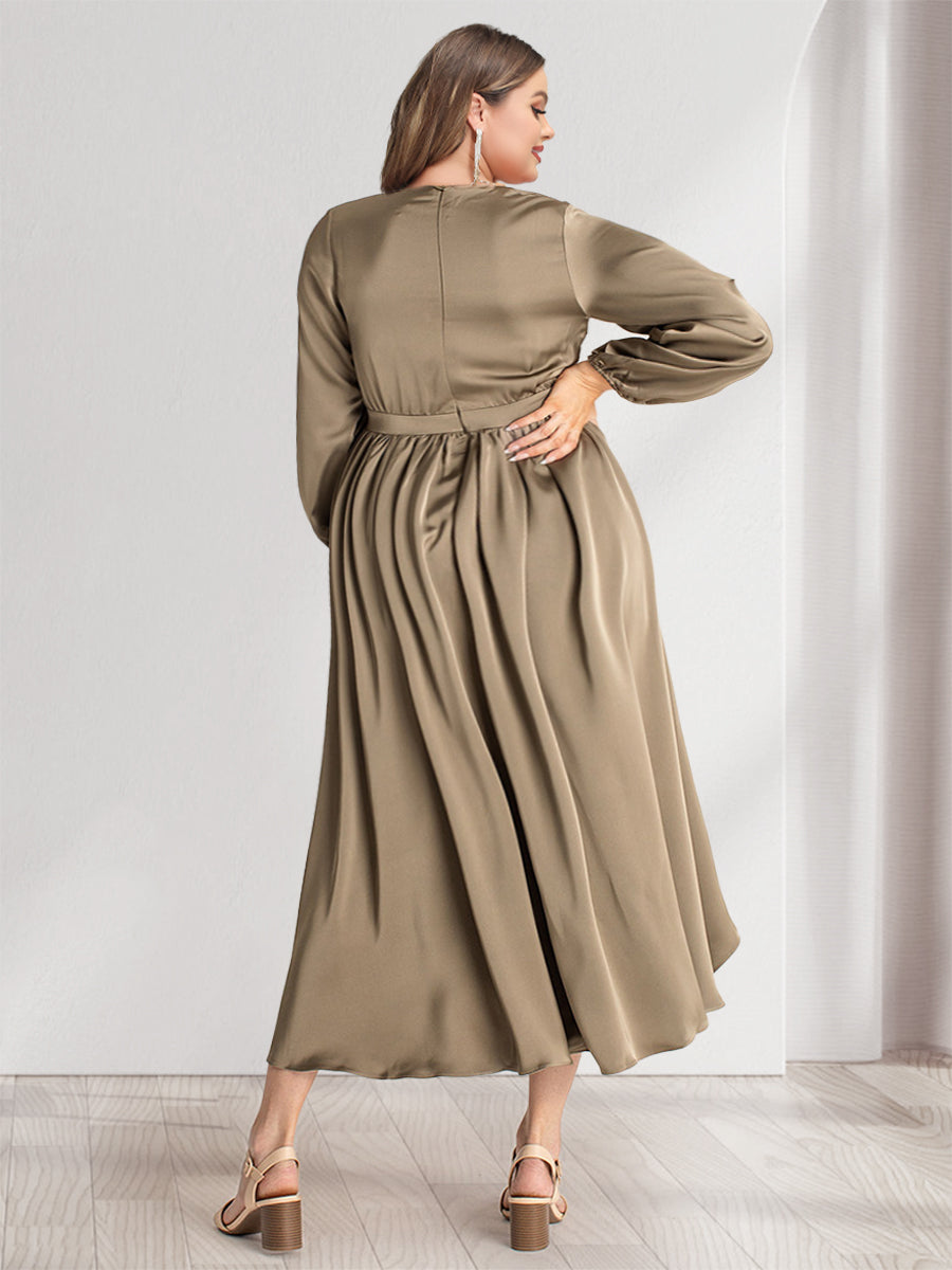 A-Line/Princess Plunging V-Neck Long Sleeves Wrap Plus Size Bridesmaid Dresses