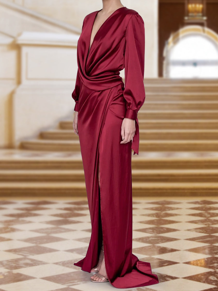 Sheath/Column Crossover V-Neck Long Sleeves Ruched Wrap Evening Dresses with Split Side