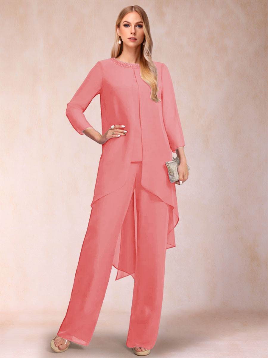 Chiffon Scoop Long Sleeves 3 Pieces Pantsuits with Rhinestone & Jacket