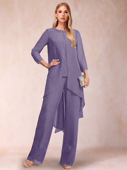 Chiffon Scoop Long Sleeves 3 Pieces Pantsuits with Rhinestone & Jacket