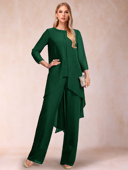 Chiffon Scoop Long Sleeves 3 Pieces Pantsuits with Rhinestone & Jacket