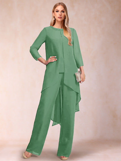 Chiffon Scoop Long Sleeves 3 Pieces Pantsuits with Rhinestone & Jacket