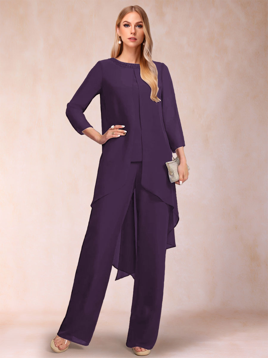 Chiffon Scoop Long Sleeves 3 Pieces Pantsuits with Rhinestone & Jacket