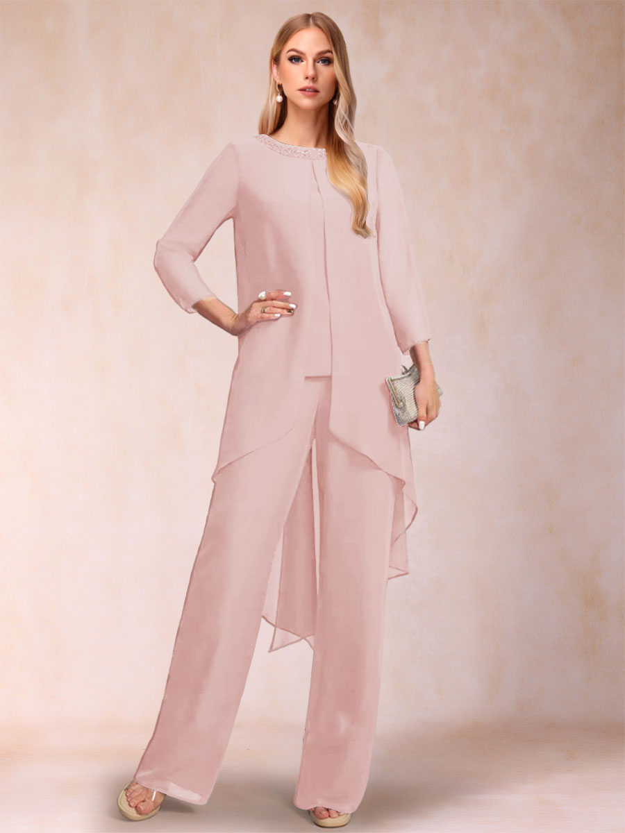 Chiffon Scoop Long Sleeves 3 Pieces Pantsuits with Rhinestone & Jacket