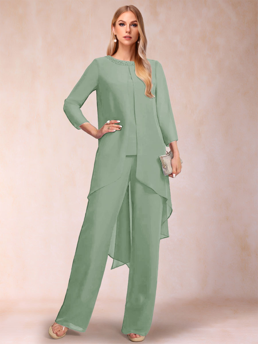 Chiffon Scoop Long Sleeves 3 Pieces Pantsuits with Rhinestone & Jacket