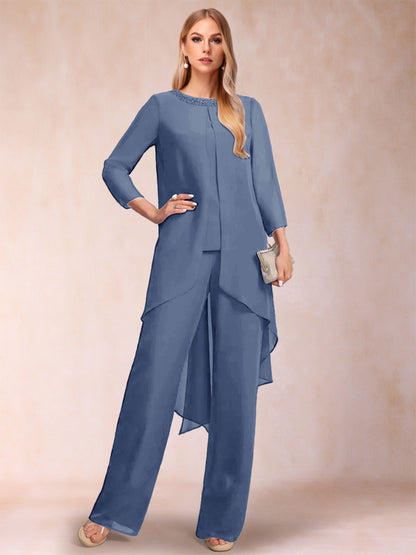 Chiffon Scoop Long Sleeves 3 Pieces Pantsuits with Rhinestone & Jacket