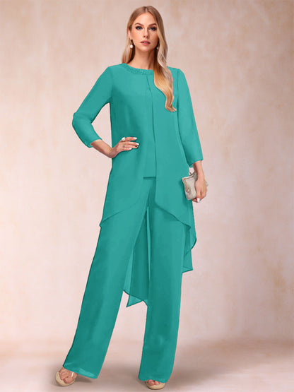 Chiffon Scoop Long Sleeves 3 Pieces Pantsuits with Rhinestone & Jacket