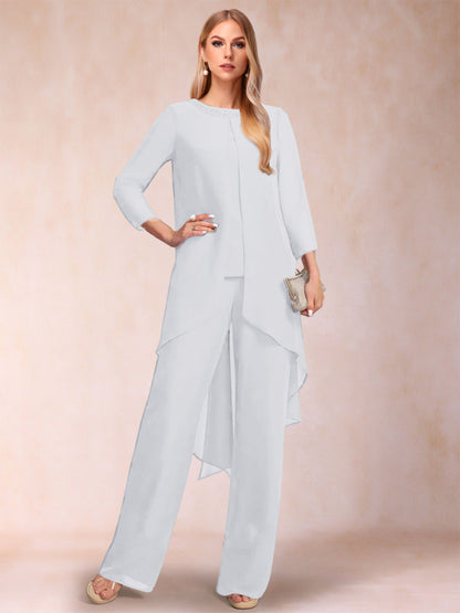 Chiffon Scoop Long Sleeves 3 Pieces Pantsuits with Rhinestone & Jacket