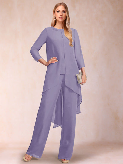 Chiffon Scoop Long Sleeves 3 Pieces Pantsuits with Rhinestone & Jacket