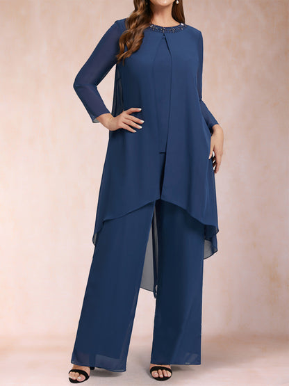 Chiffon Scoop Long Sleeves 3 Pieces Plus Size Pantsuits with Rhinestone & Jacket