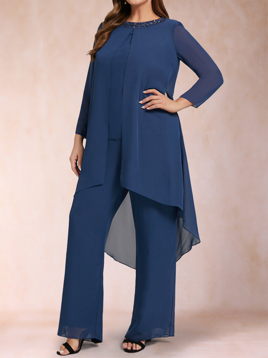 Chiffon Scoop Long Sleeves 3 Pieces Plus Size Pantsuits with Rhinestone & Jacket