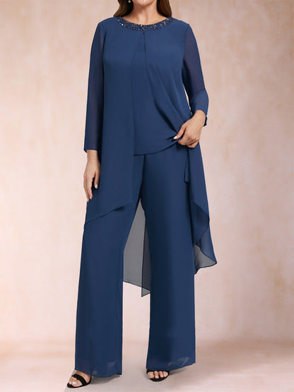 Chiffon Scoop Long Sleeves 3 Pieces Plus Size Pantsuits with Rhinestone & Jacket