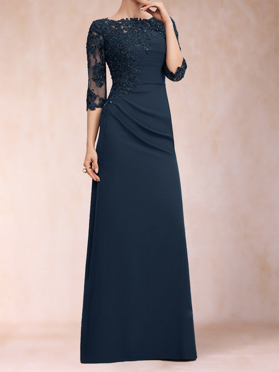 Sheath/Column Scoop 3/4 Sleeves Ruched Mother of the Bride Dresses with Applique