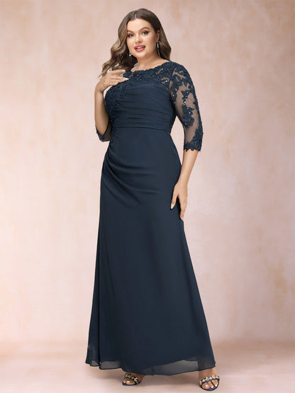 Sheath/Column Scoop 3/4 Sleeves Ruched Mother of the Bride Dresses with Applique