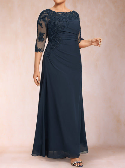 Sheath/Column Scoop 3/4 Sleeves Ruched Mother of the Bride Dresses with Applique