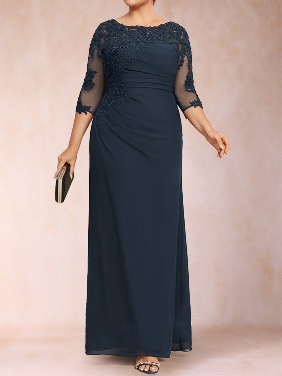 Sheath/Column Scoop 3/4 Sleeves Ruched Mother of the Bride Dresses with Applique