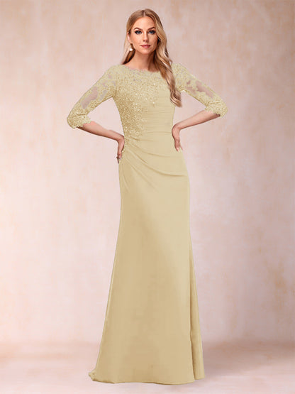 Sheath/Column Scoop 3/4 Sleeves Ruched Mother of the Bride Dresses with Applique