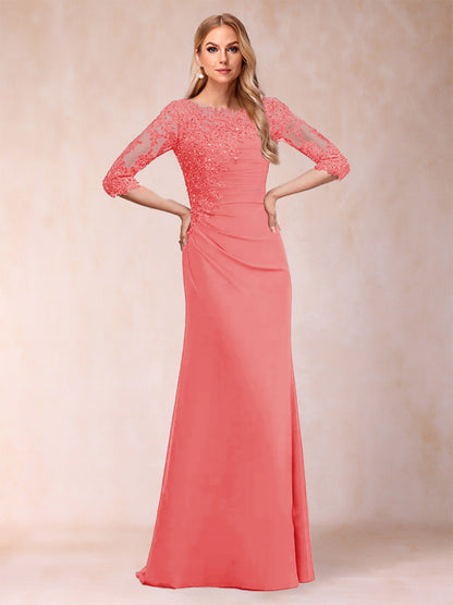 Sheath/Column Scoop 3/4 Sleeves Ruched Mother of the Bride Dresses with Applique