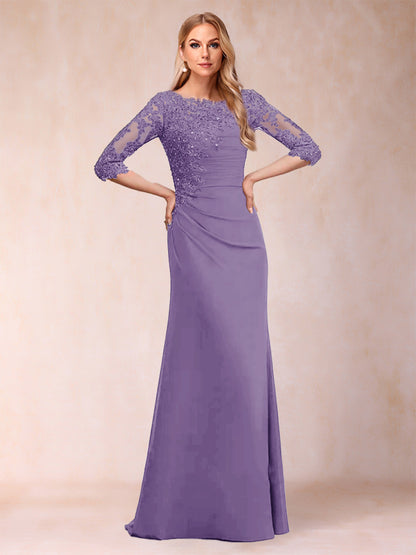 Sheath/Column Scoop 3/4 Sleeves Ruched Mother of the Bride Dresses with Applique