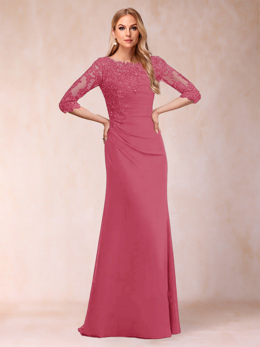 Sheath/Column Scoop 3/4 Sleeves Ruched Mother of the Bride Dresses with Applique