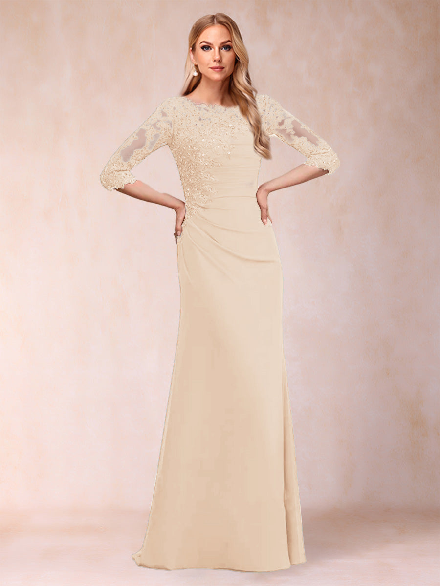 Sheath/Column Scoop 3/4 Sleeves Ruched Mother of the Bride Dresses with Applique