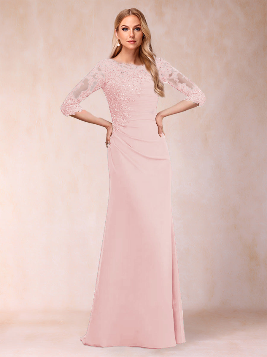 Sheath/Column Scoop 3/4 Sleeves Ruched Mother of the Bride Dresses with Applique