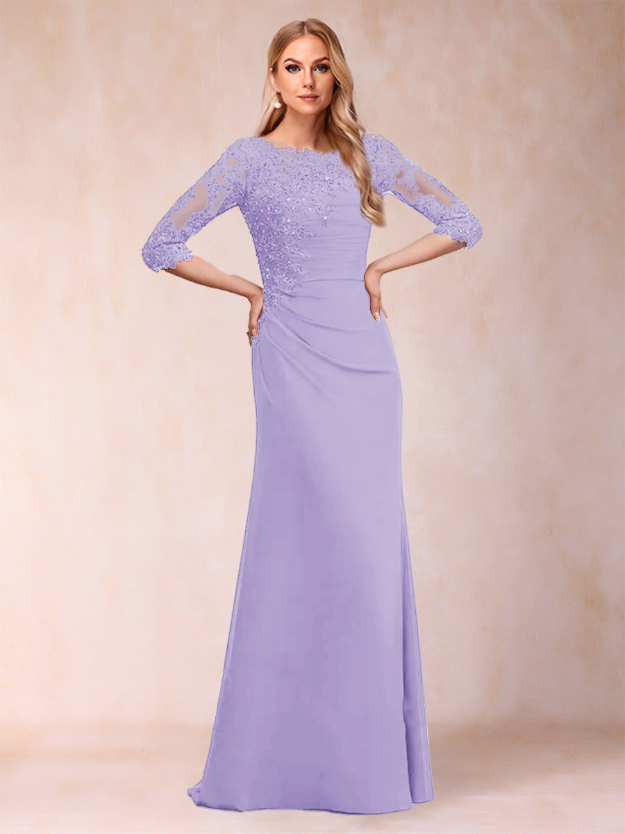 Sheath/Column Scoop 3/4 Sleeves Ruched Mother of the Bride Dresses with Applique