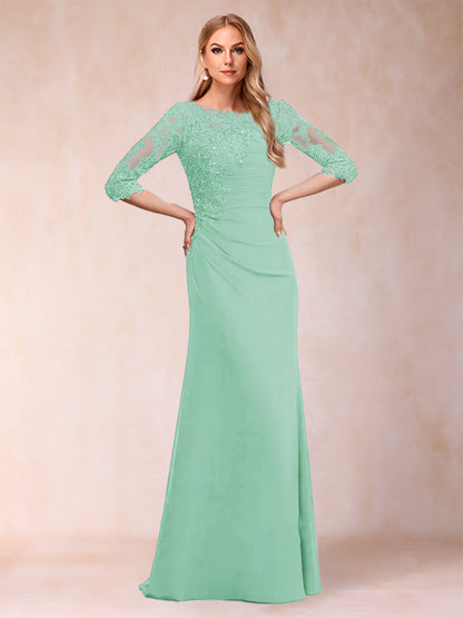 Sheath/Column Scoop 3/4 Sleeves Ruched Mother of the Bride Dresses with Applique