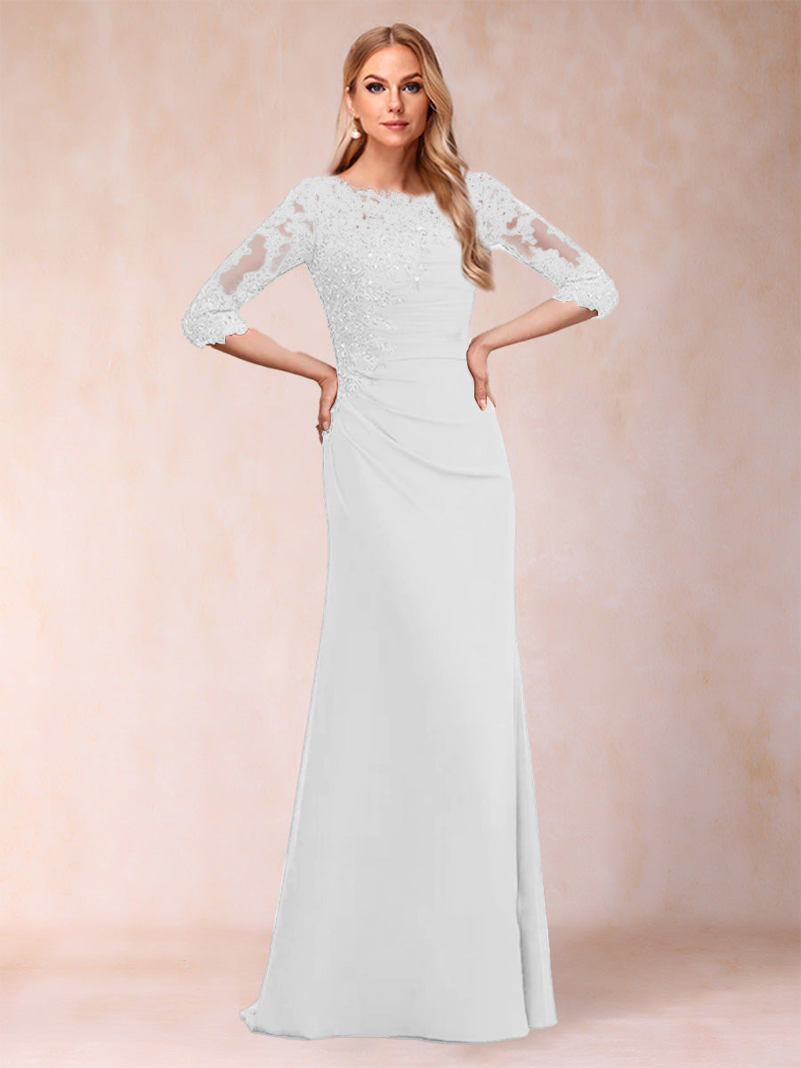 Sheath/Column Scoop 3/4 Sleeves Ruched Mother of the Bride Dresses with Applique